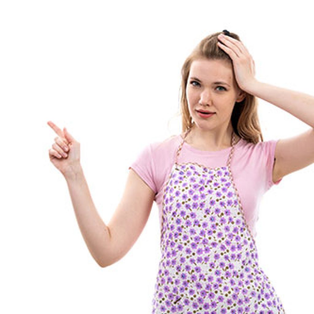 front-view-young-beautiful-housewife-pink-shirt-colorful-cape-holding-her-head-thinking-worried